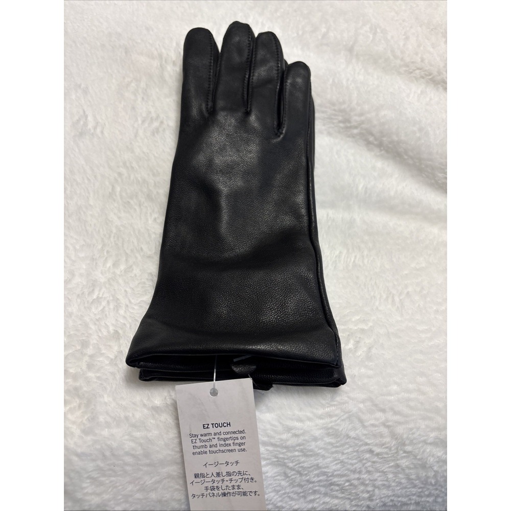 Black Sheepskin Leather Cashmere Lined Lands' End EZ Touch Gloves M Women's